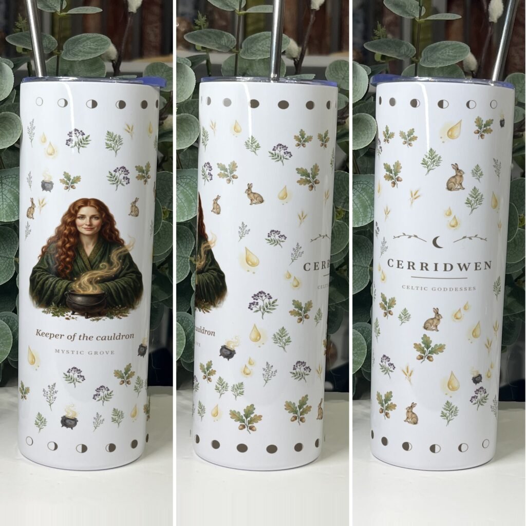 Cerridwen goddess tumbler 20oz skinny with straw, front, side and back views, Mystic Grove