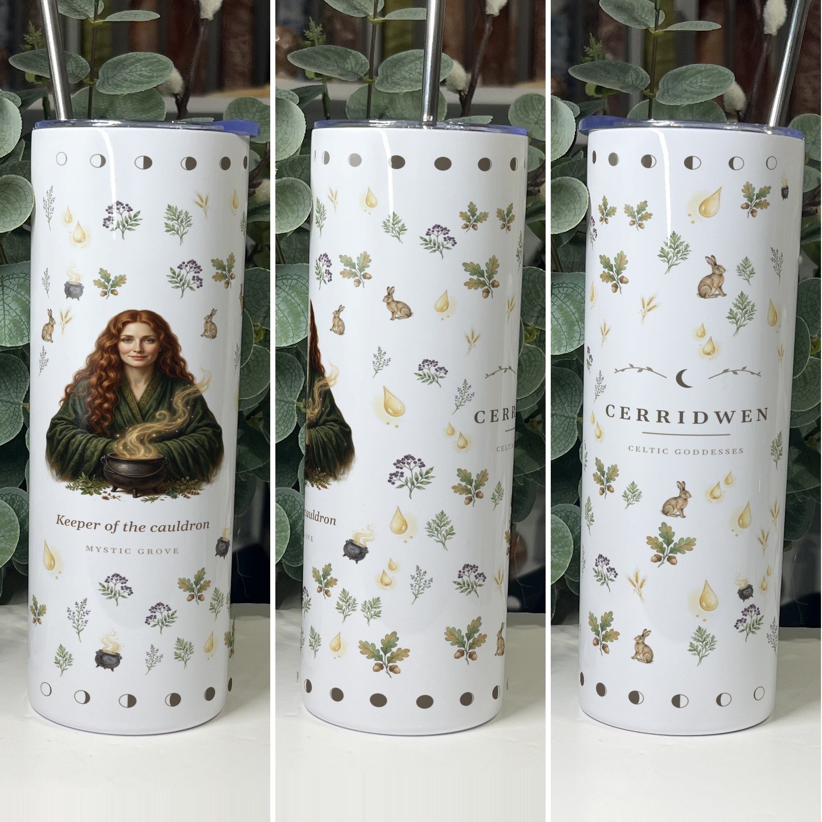 Cerridwen goddess tumbler 20oz skinny with straw, front, side and back views, Mystic Grove