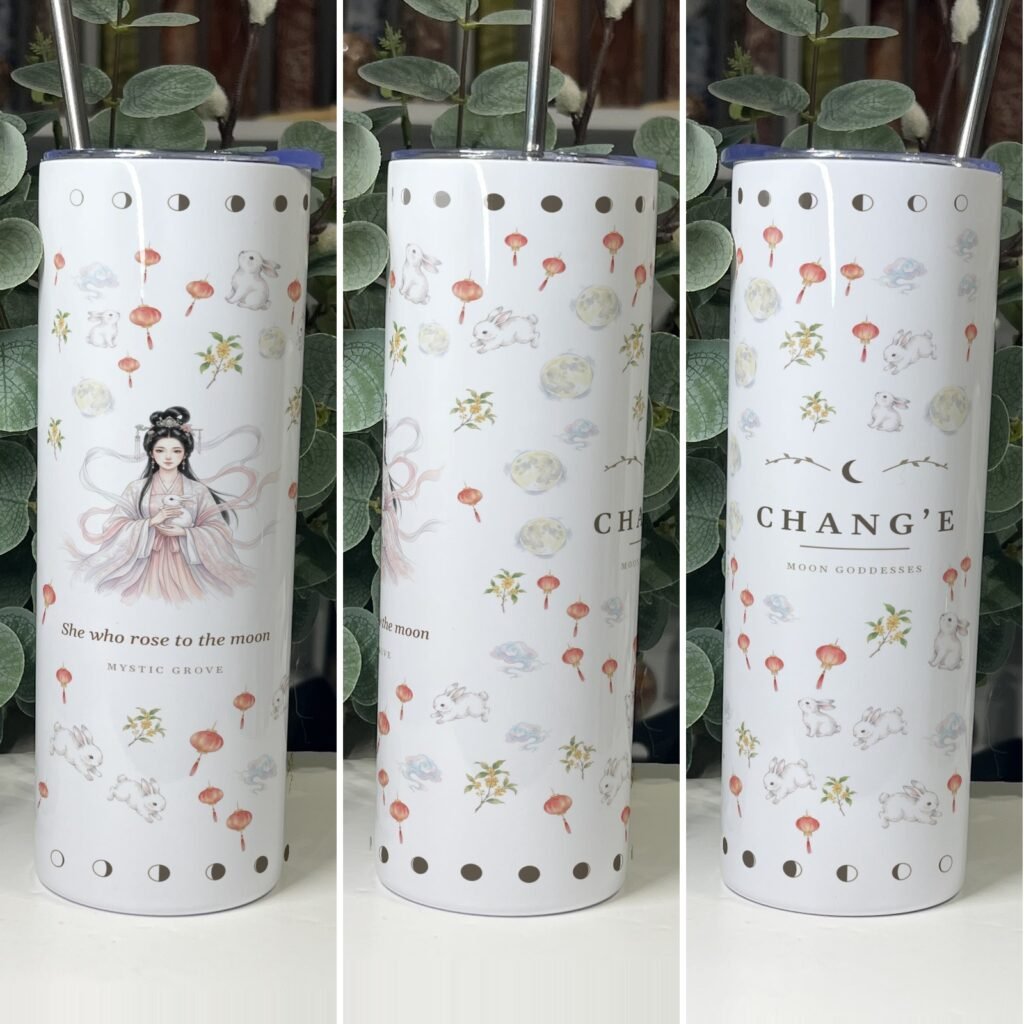Chang'e goddess tumbler 20oz skinny with straw, front, side and back views, Mystic Grove