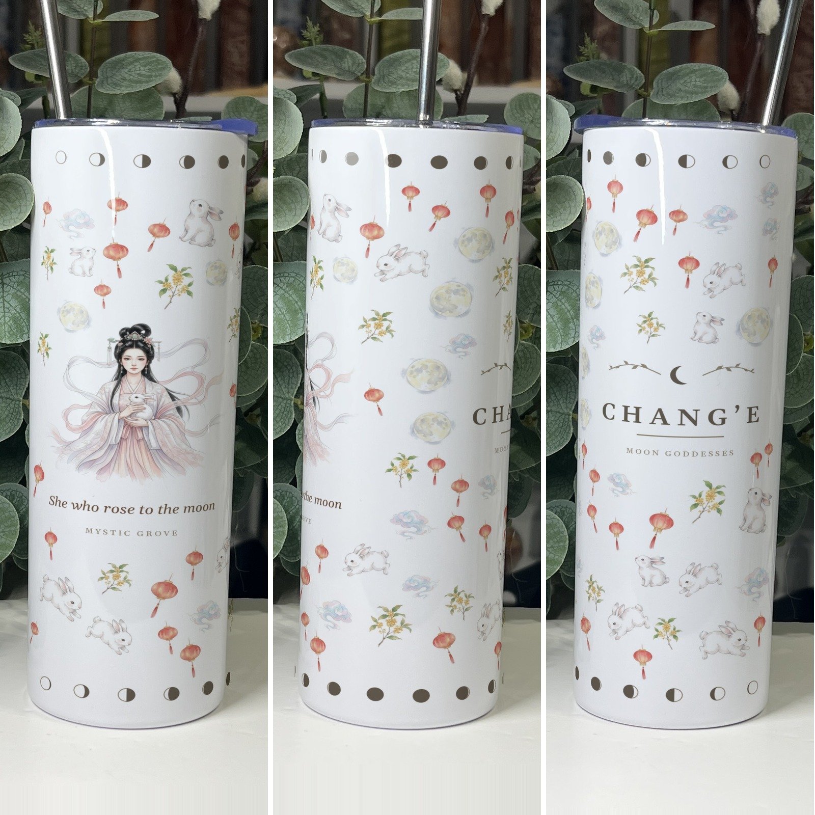 Chang'e goddess tumbler 20oz skinny with straw, front, side and back views, Mystic Grove