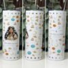 Coyolxauhqui goddess tumbler 20oz skinny with straw, front, side and back views, Mystic Grove