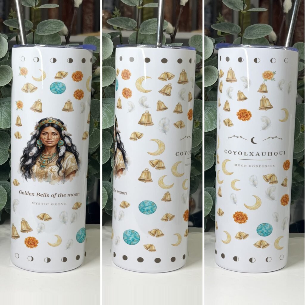 Coyolxauhqui goddess tumbler 20oz skinny with straw, front, side and back views, Mystic Grove