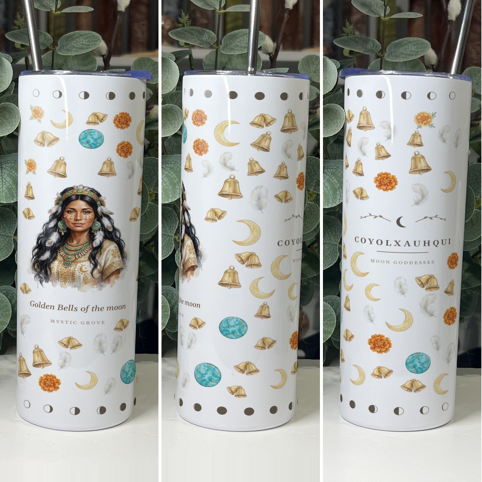 Coyolxauhqui goddess tumbler 20oz skinny with straw, front, side and back views, Mystic Grove