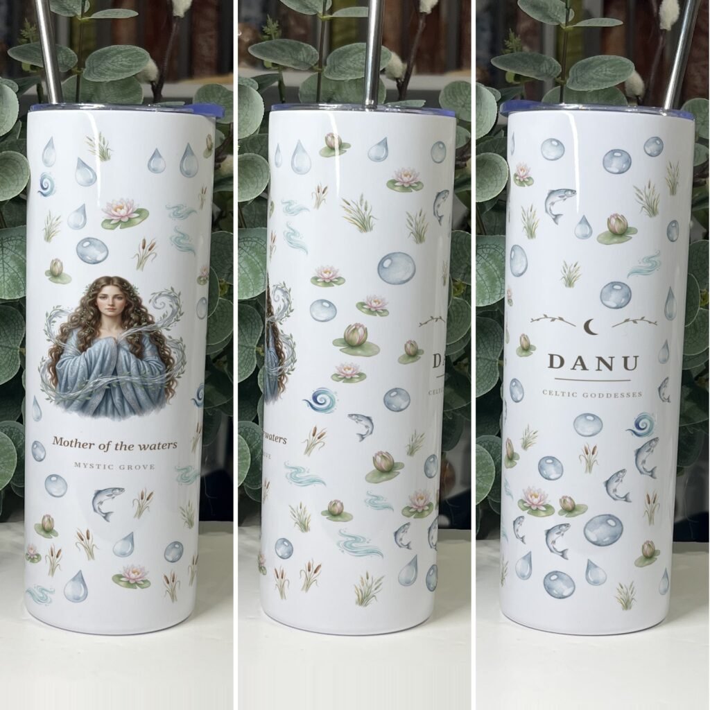 Danu goddess tumbler 20oz skinny with straw, front, side and back views, Mystic Grove