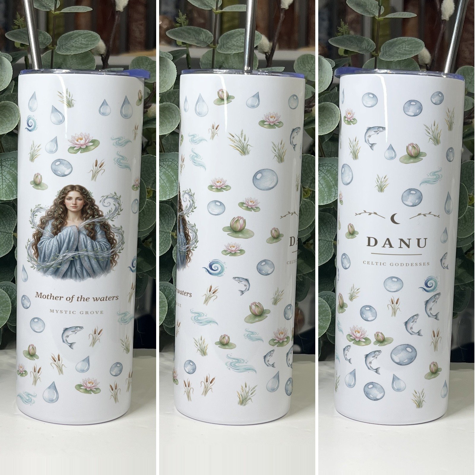 Danu goddess tumbler 20oz skinny with straw, front, side and back views, Mystic Grove