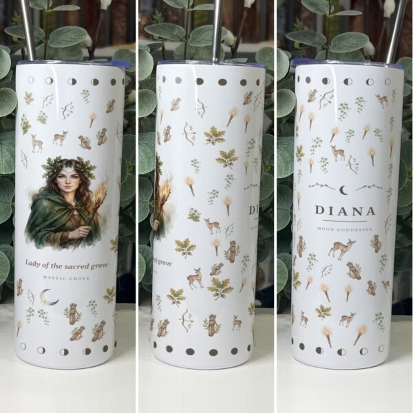 Diana goddess tumbler 20oz skinny with straw, front, side and back views, Mystic Grove