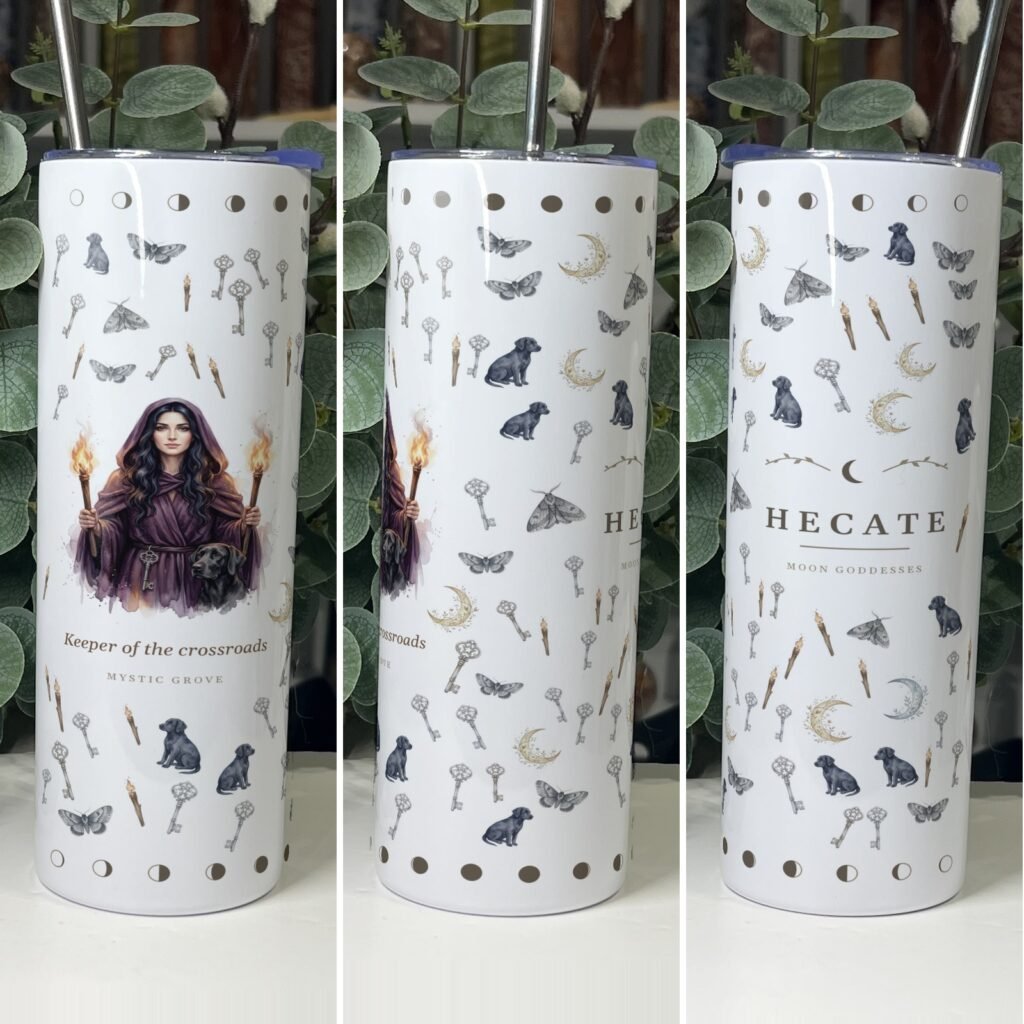 Hecate goddess tumbler 20oz skinny with straw, front, side and back views, Mystic Grove