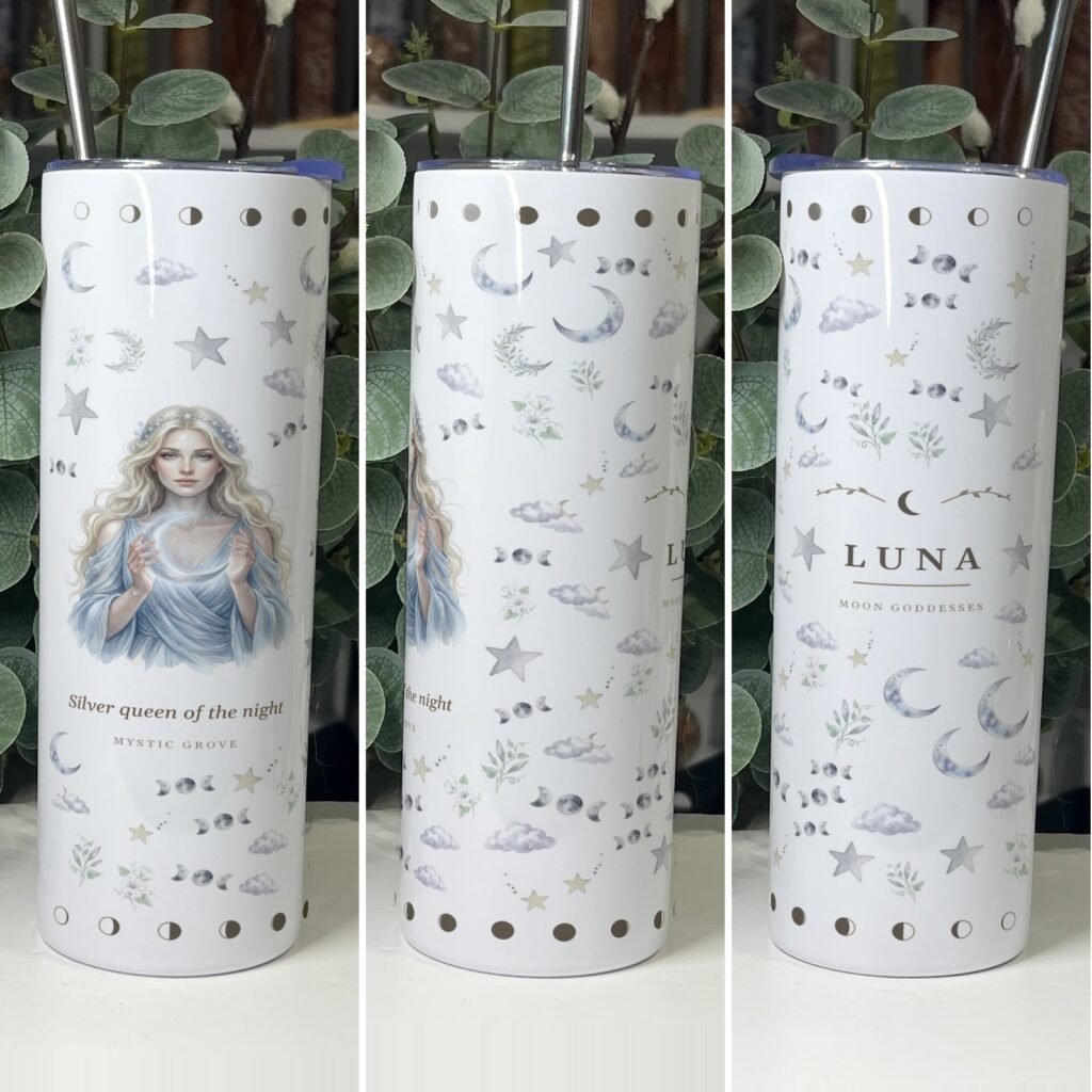 Luna goddess tumbler 20oz skinny with straw, front, side and back views, Mystic Grove
