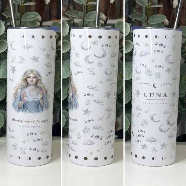 Luna goddess tumbler 20oz skinny with straw, front, side and back views, Mystic Grove