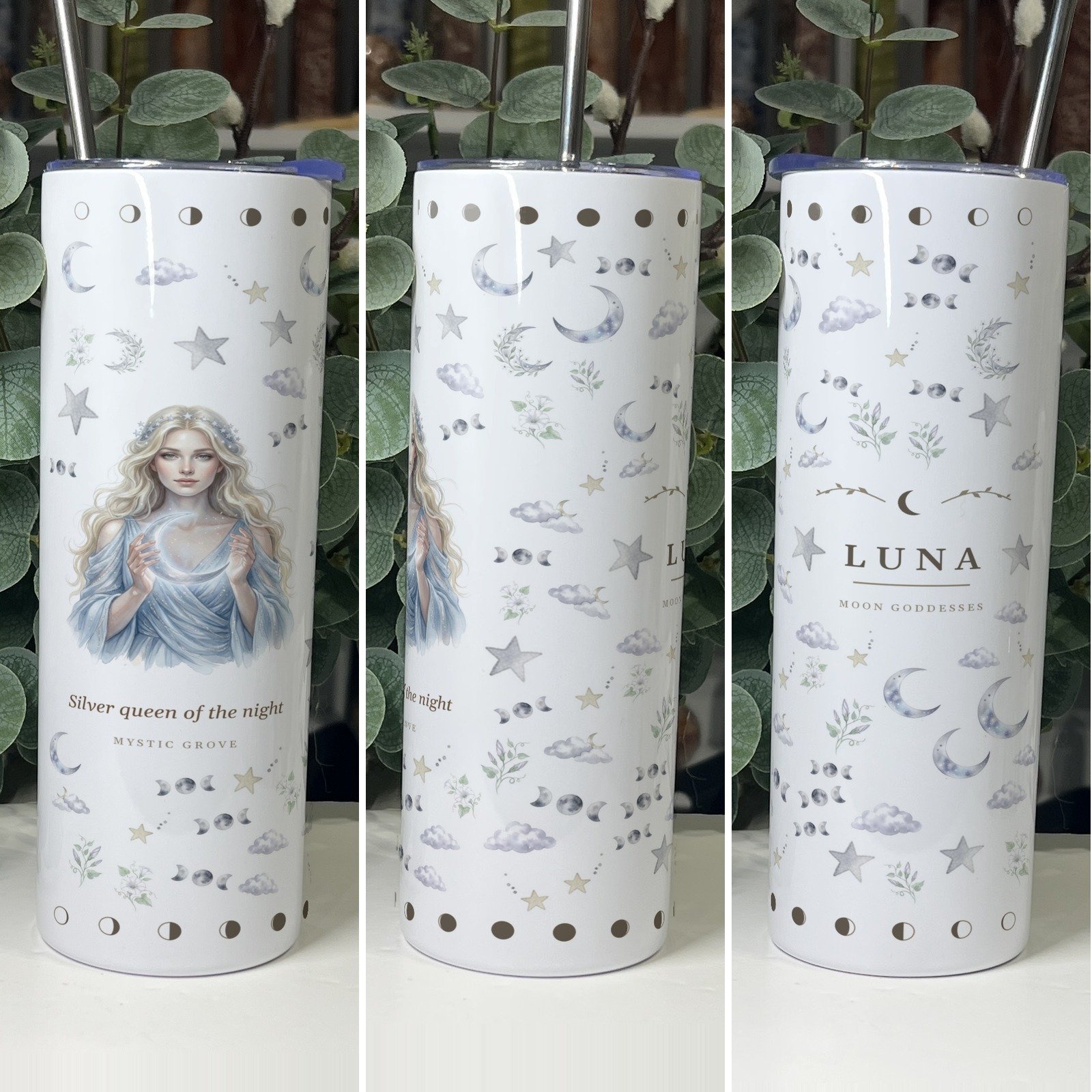 Luna goddess tumbler 20oz skinny with straw, front, side and back views, Mystic Grove