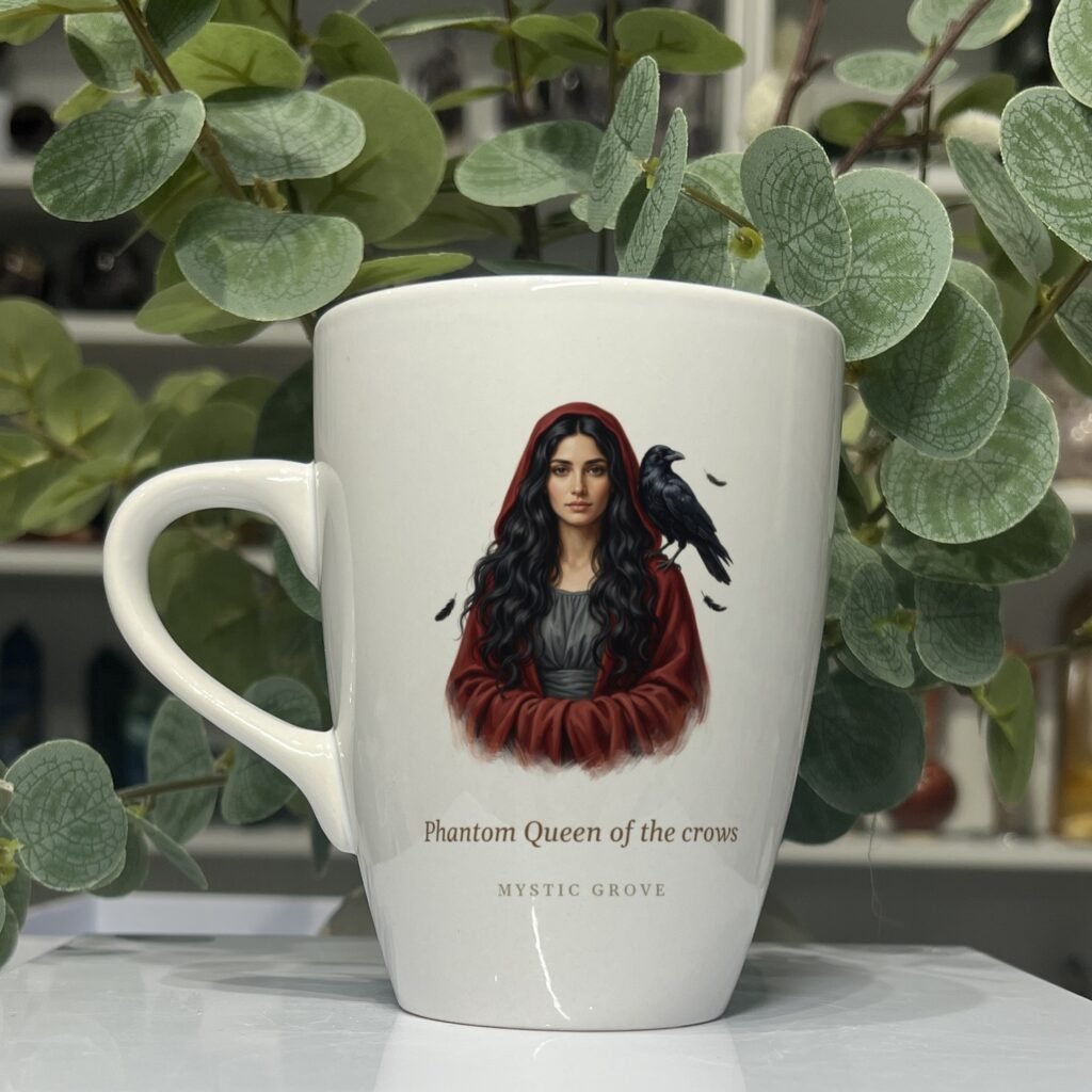 Morrigan goddess mug 13oz, picture side with her portrait and title, Mystic Grove