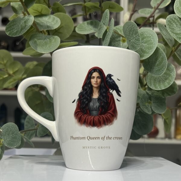 Morrigan goddess mug 13oz, picture side with her portrait and title, Mystic Grove