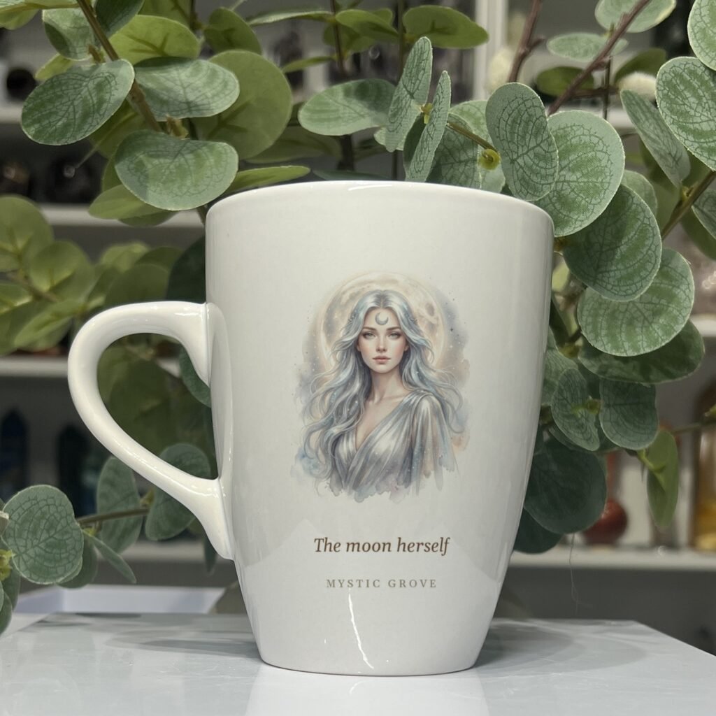 Selene goddess mug 13oz, picture side with her portrait and title, Mystic Grove