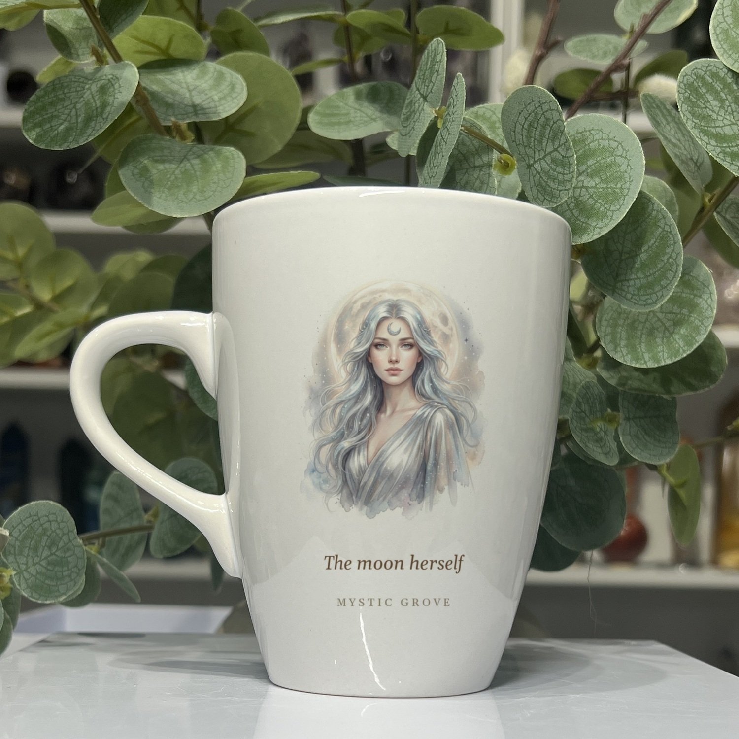 Selene goddess mug 13oz, picture side with her portrait and title, Mystic Grove