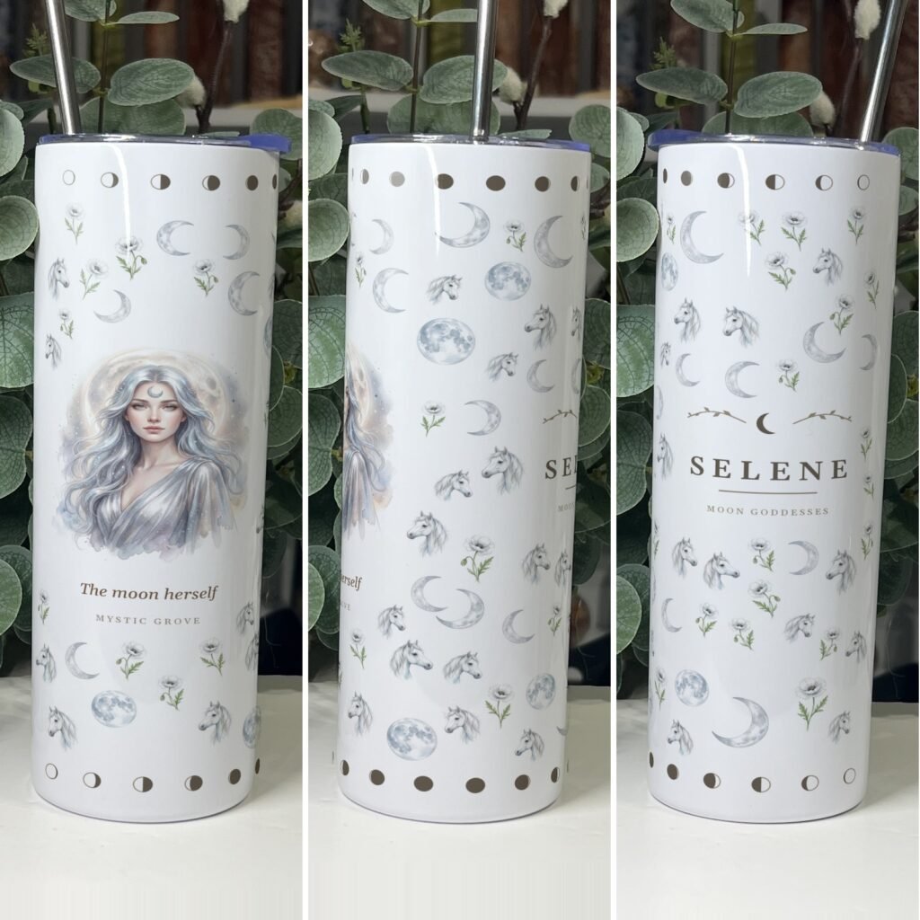 Selene goddess tumbler 20oz skinny with straw, front, side and back views, Mystic Grove