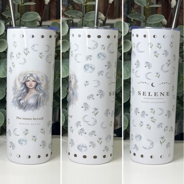 Selene: Greek Goddess of the Moon and the Silver Chariot 9 Selene goddess tumbler 20oz skinny with straw, front, side and back views, Mystic Grove