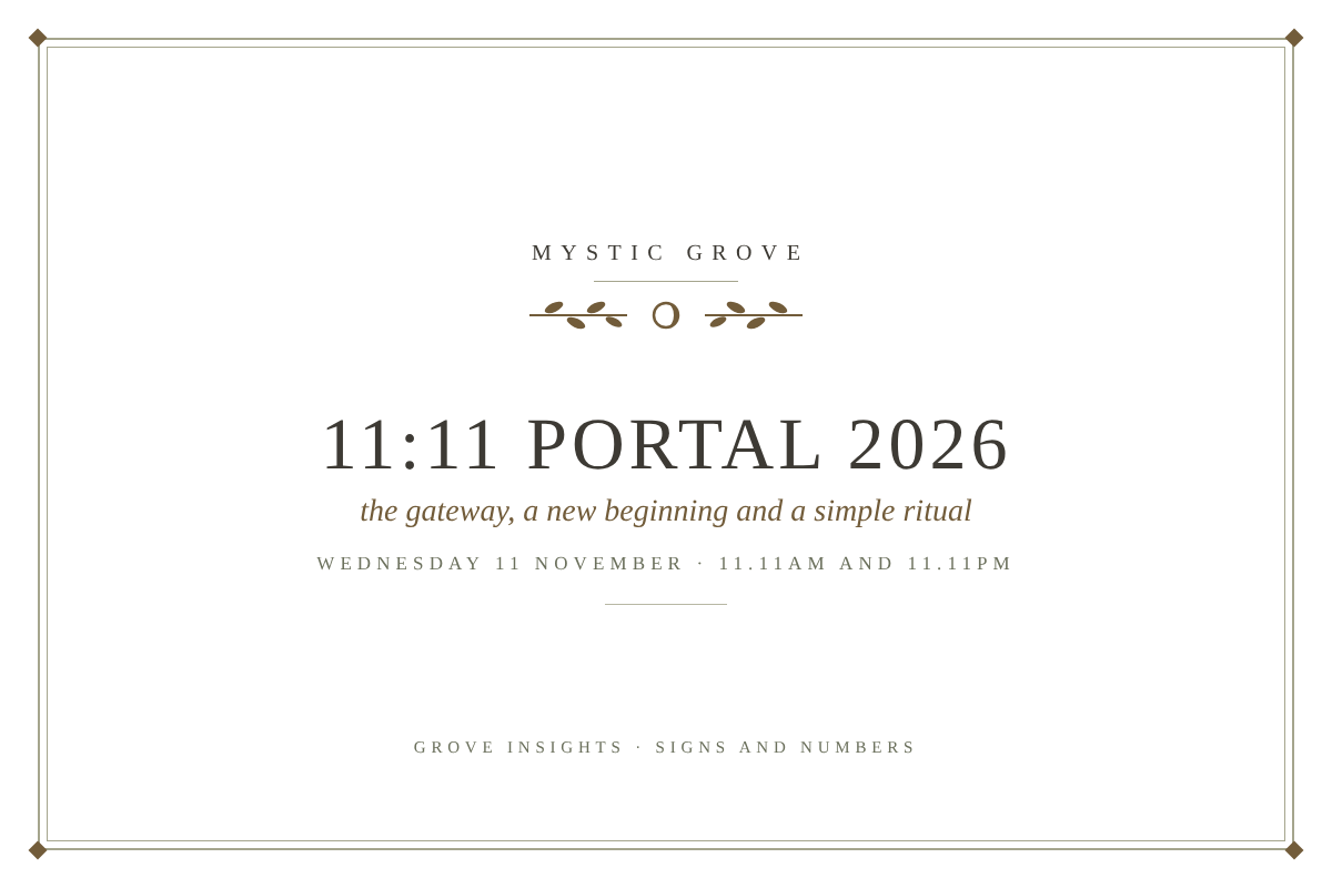 11:11 Portal 2026: Wednesday 11 November, Meaning and a Simple Ritual 7 11:11 portal 2026 card, Wednesday 11 November, Mystic Grove