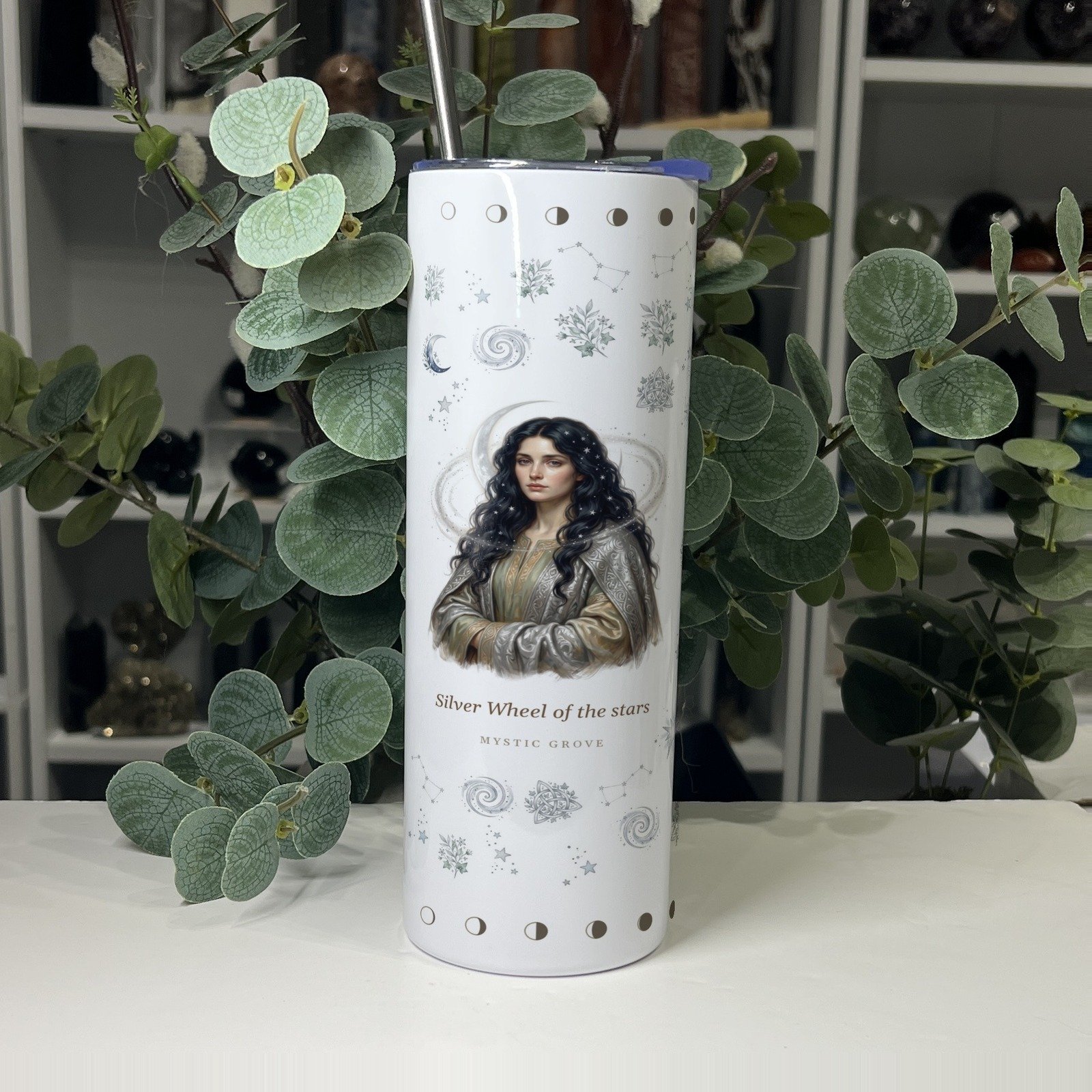 Arianrhod goddess tumbler front with her portrait