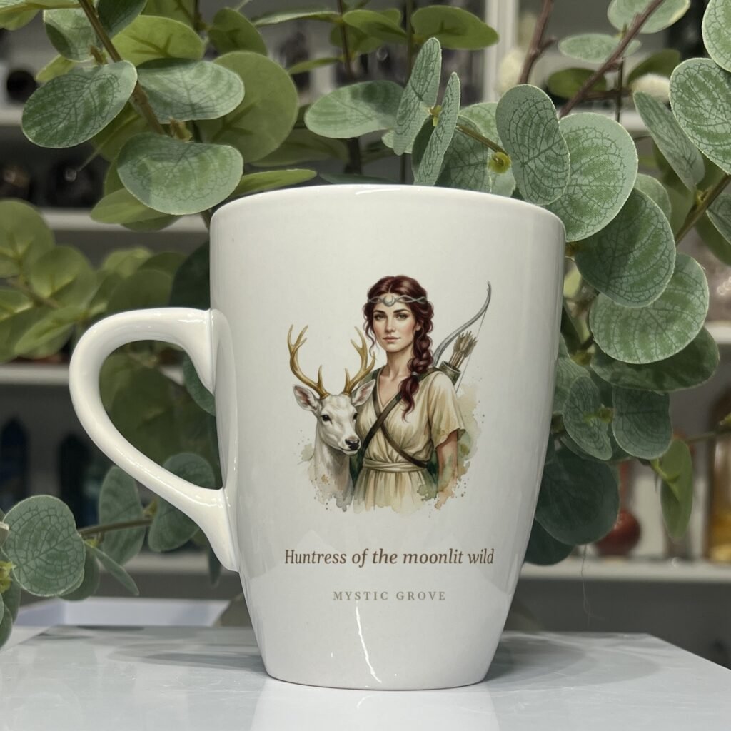 Artemis goddess mug 13oz, picture side with her portrait and title, Mystic Grove