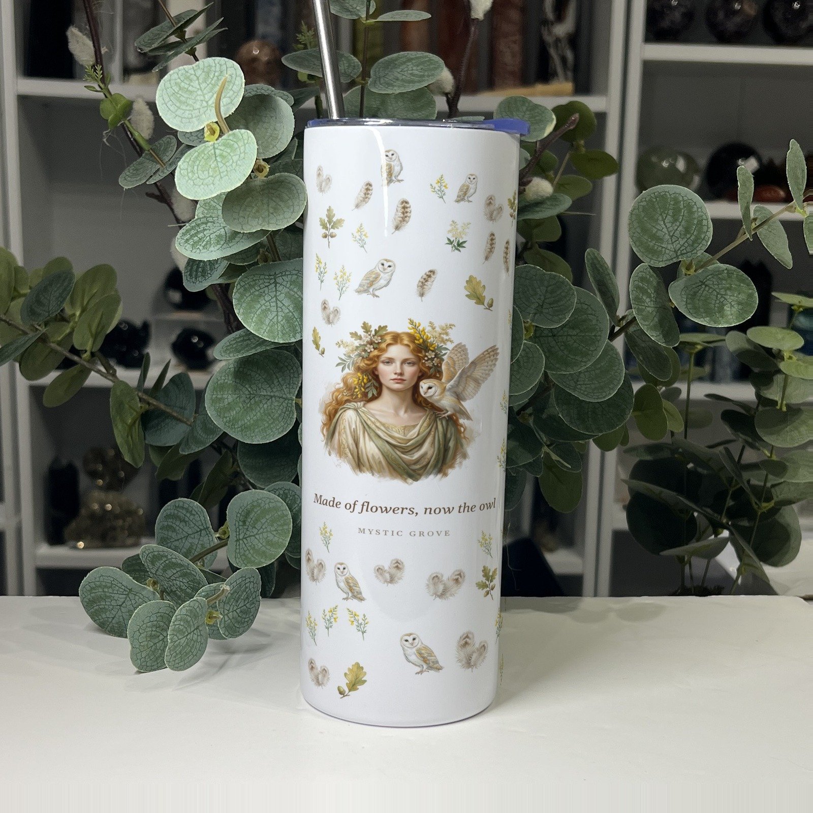 Blodeuwedd Goddess Tumbler, 20oz Skinny with Straw Blodeuwedd goddess tumbler front with her portrait