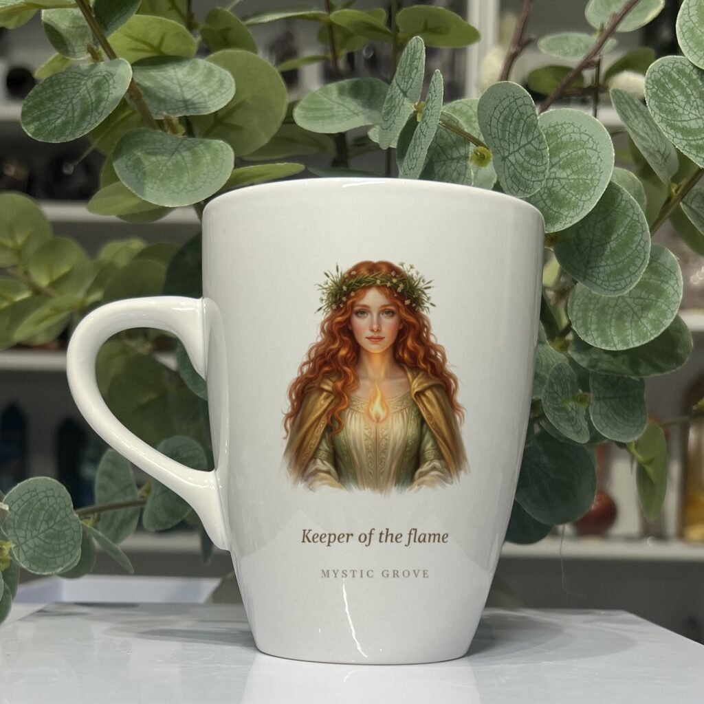 Brigid goddess mug 13oz, picture side with her portrait and title, Mystic Grove