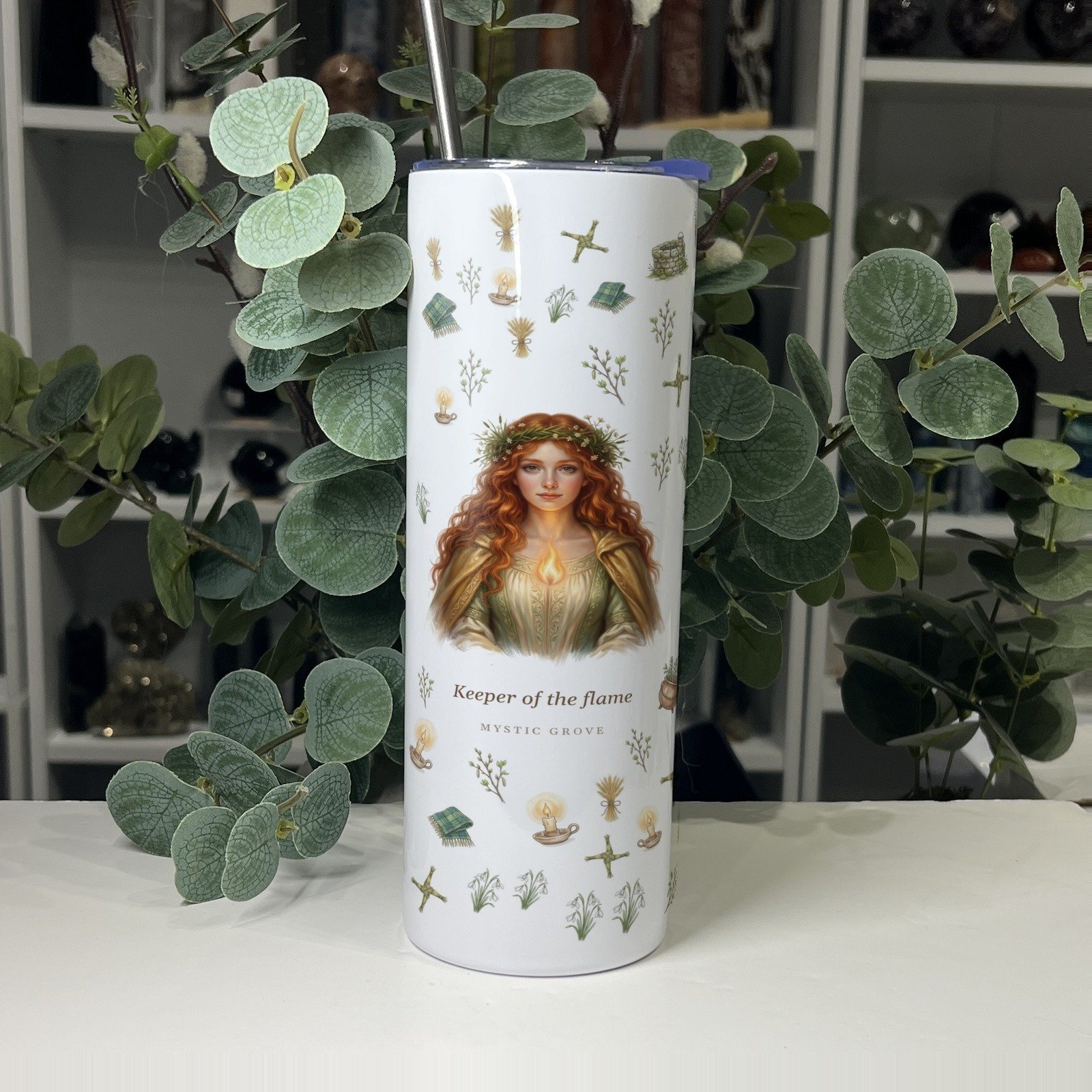 Brigid goddess tumbler front with her portrait