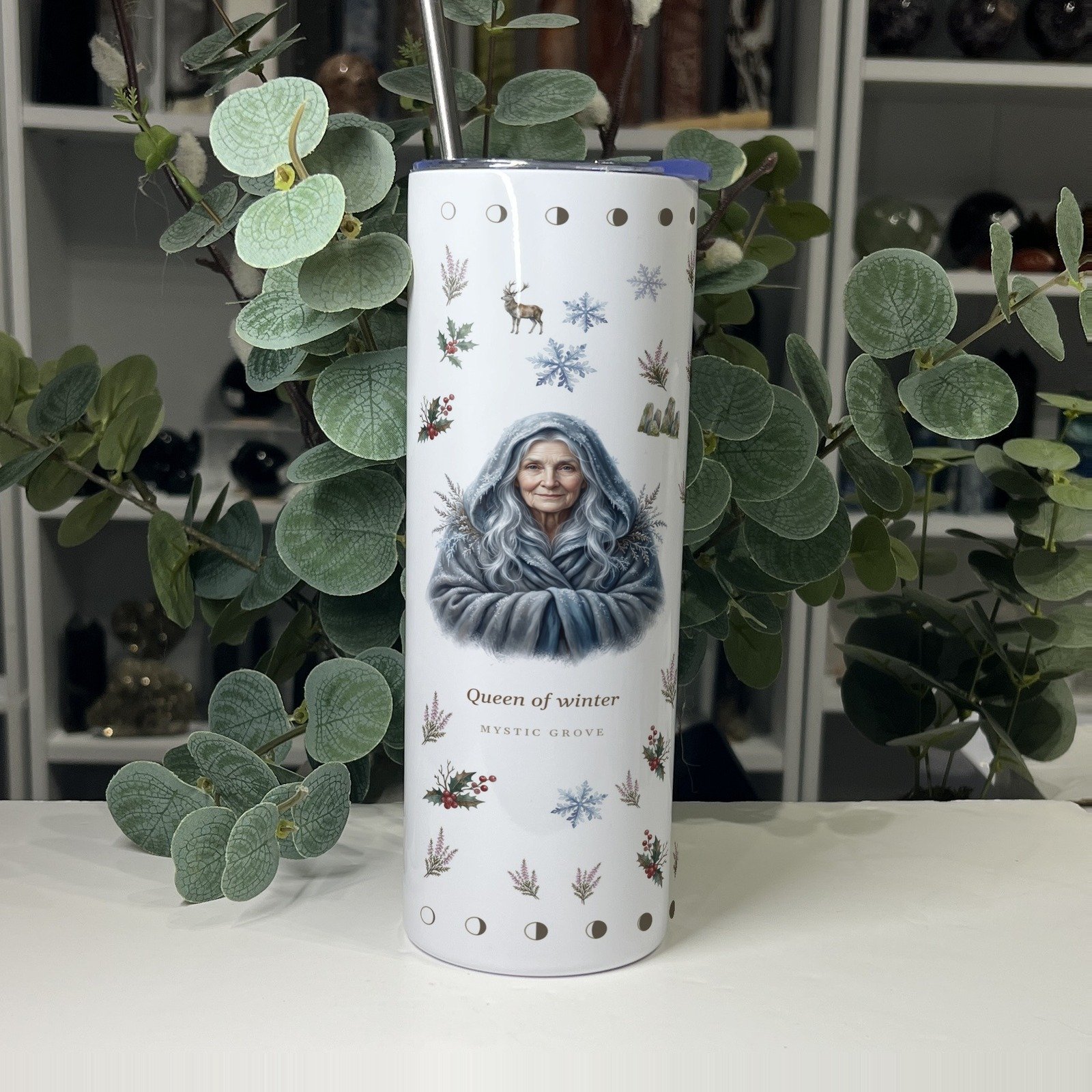 Cailleach goddess tumbler front with her portrait