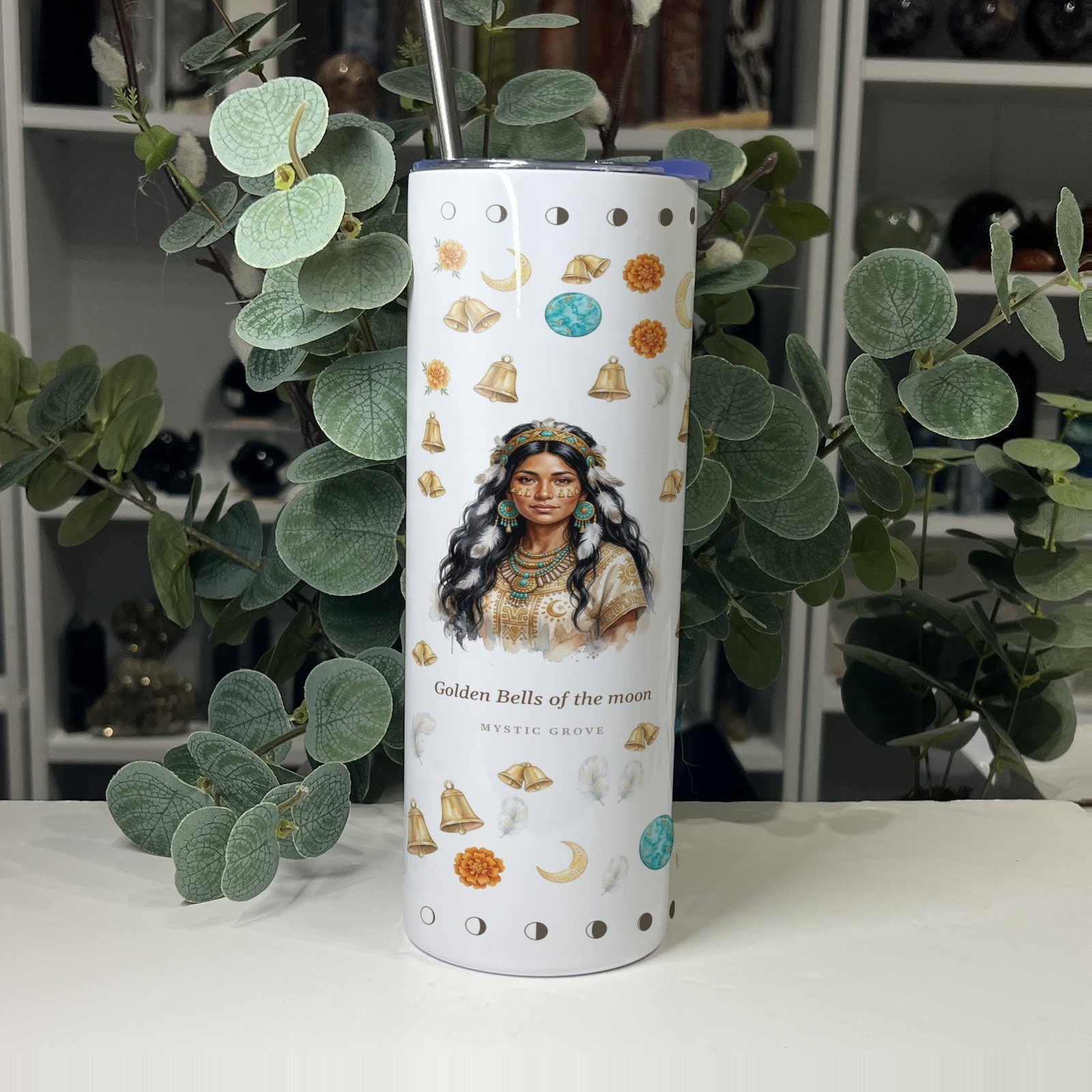Coyolxauhqui goddess tumbler front with her portrait
