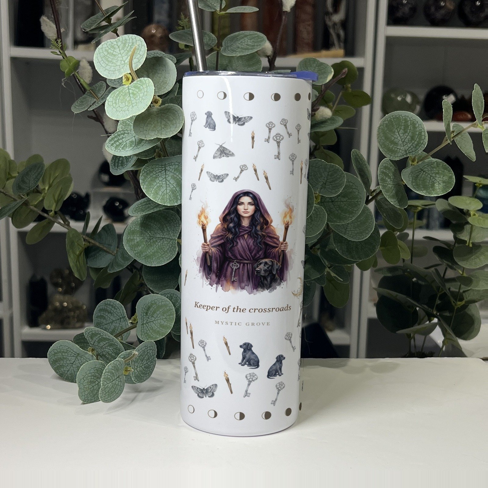 Hecate Goddess Tumbler, 20oz Skinny with Straw Hecate goddess tumbler front with her portrait
