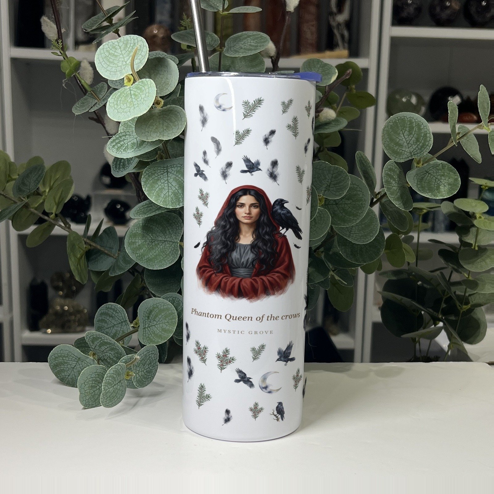 Morrigan goddess tumbler front with her portrait