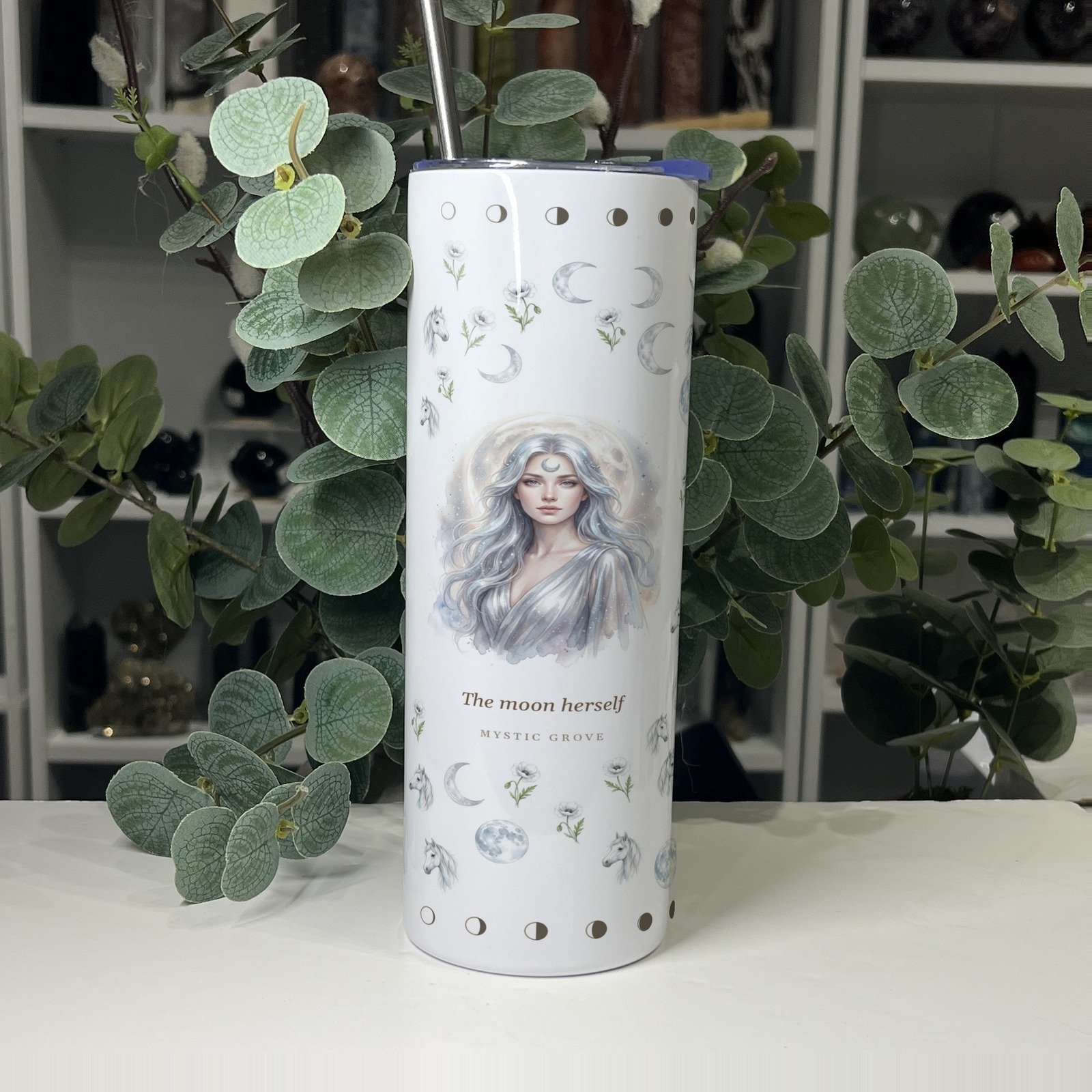 Selene goddess tumbler front with her portrait