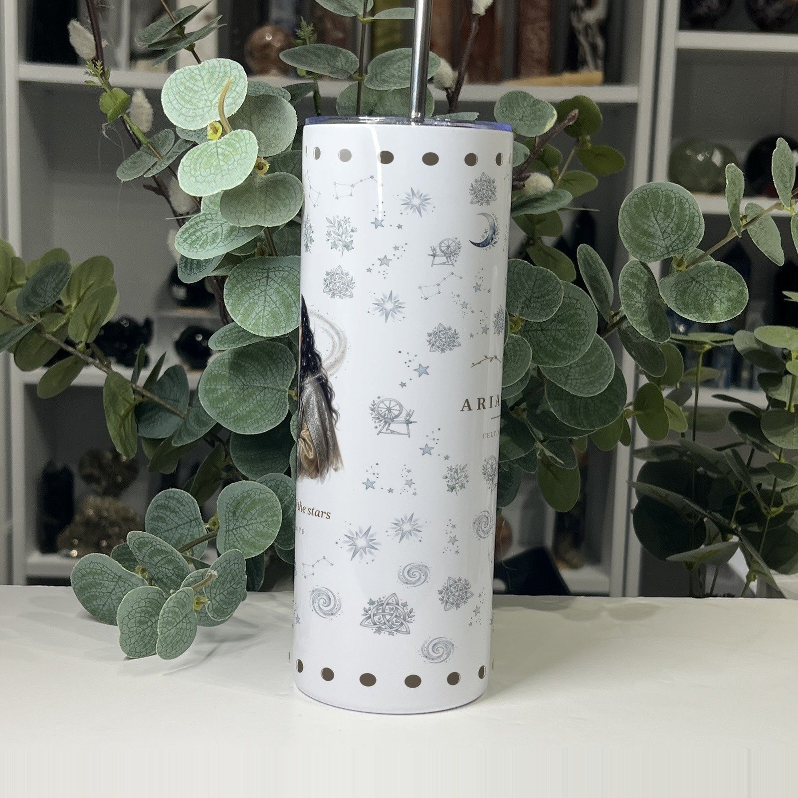 Arianrhod goddess tumbler 20oz, side view of the pattern