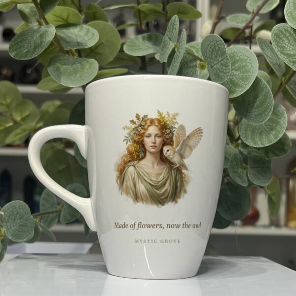 Blodeuwedd: the Woman Made of Flowers Who Became an Owl 16 Blodeuwedd goddess mug 13oz, picture side with her portrait and title, Mystic Grove