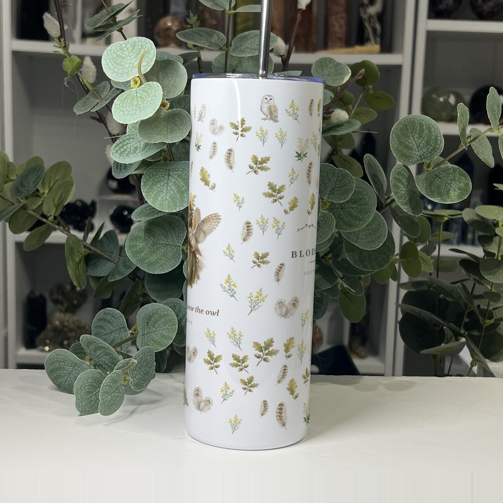 Blodeuwedd Goddess Tumbler, 20oz Skinny with Straw Blodeuwedd goddess tumbler 20oz, side view of the pattern