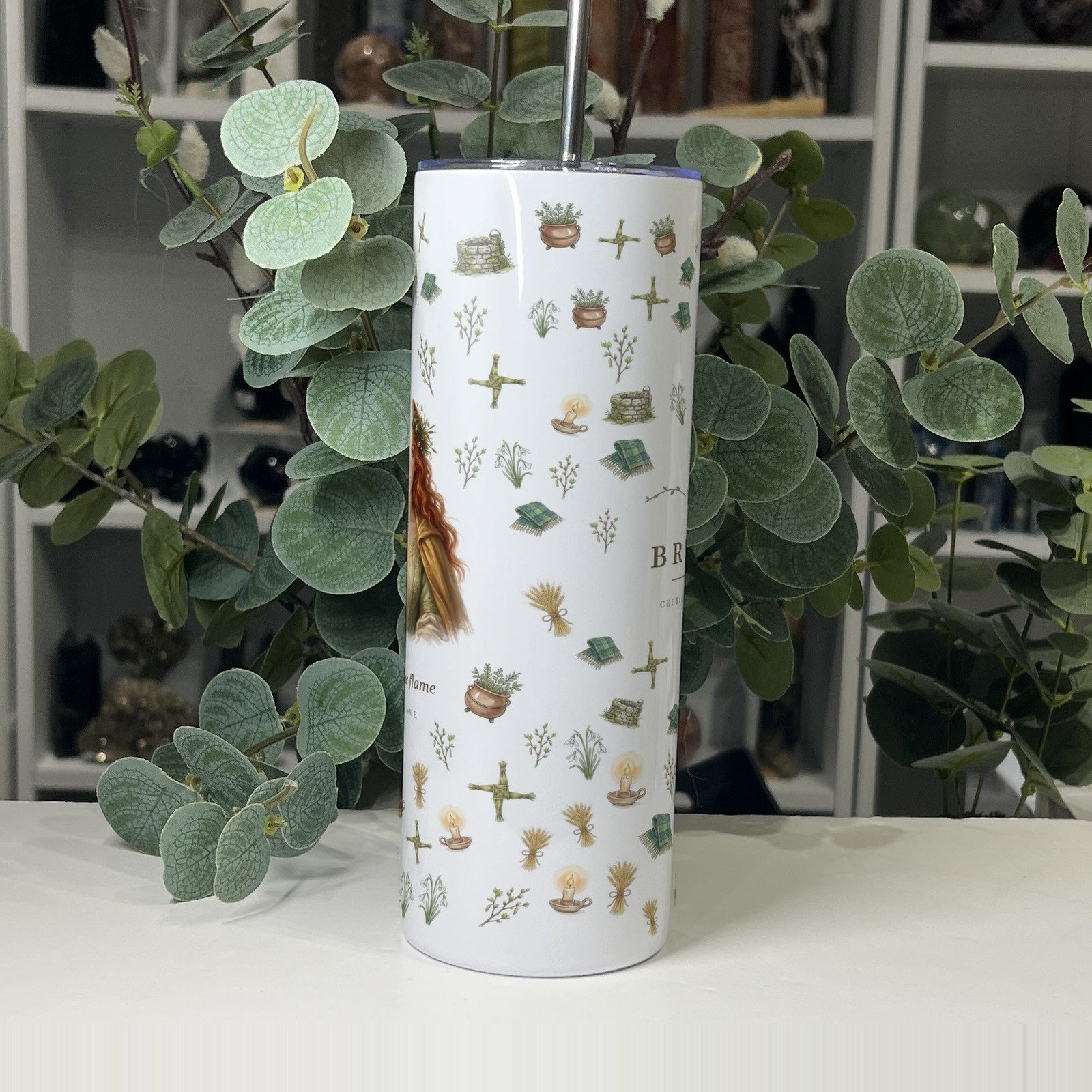 Brigid goddess tumbler 20oz, side view of the pattern