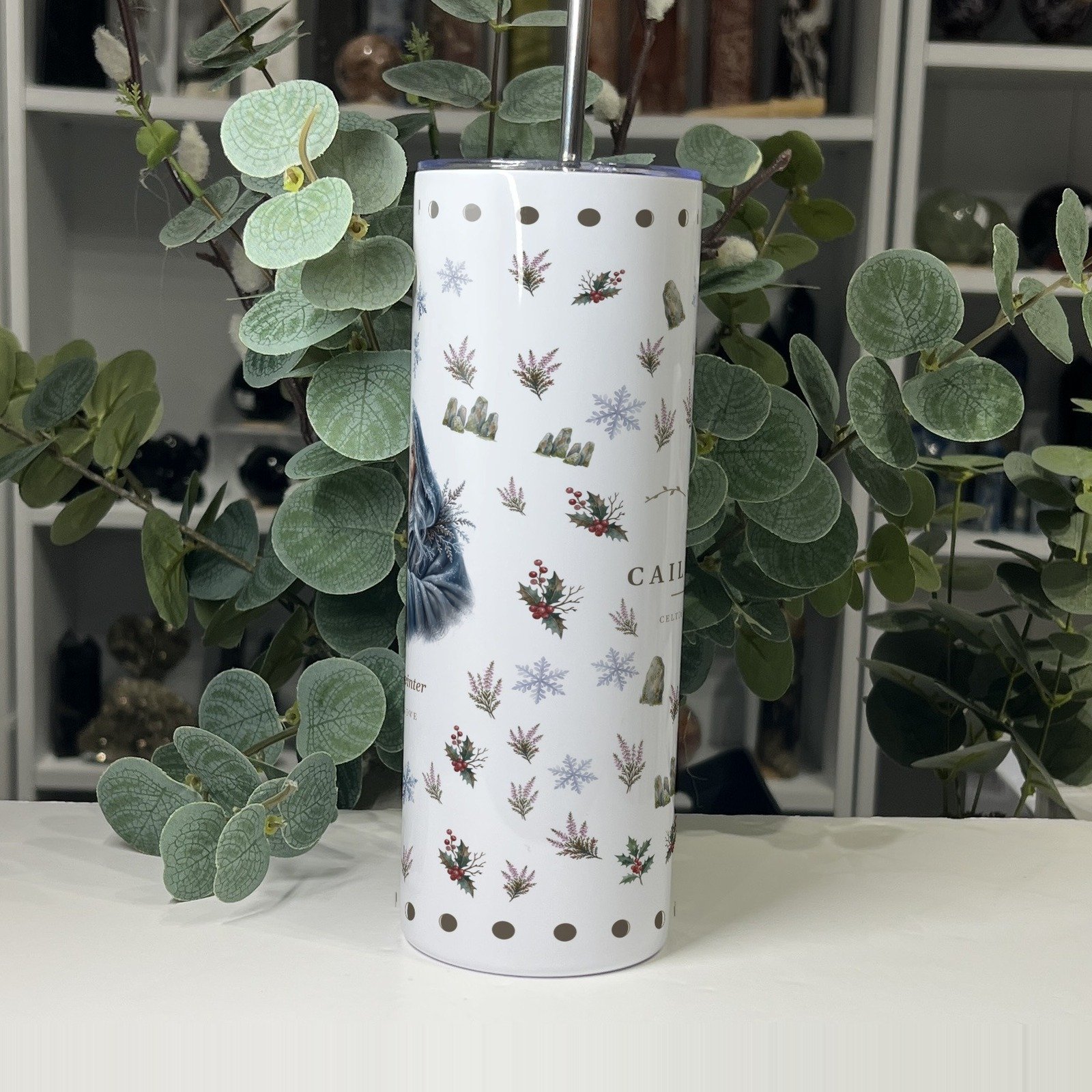 Cailleach goddess tumbler 20oz, side view of the pattern