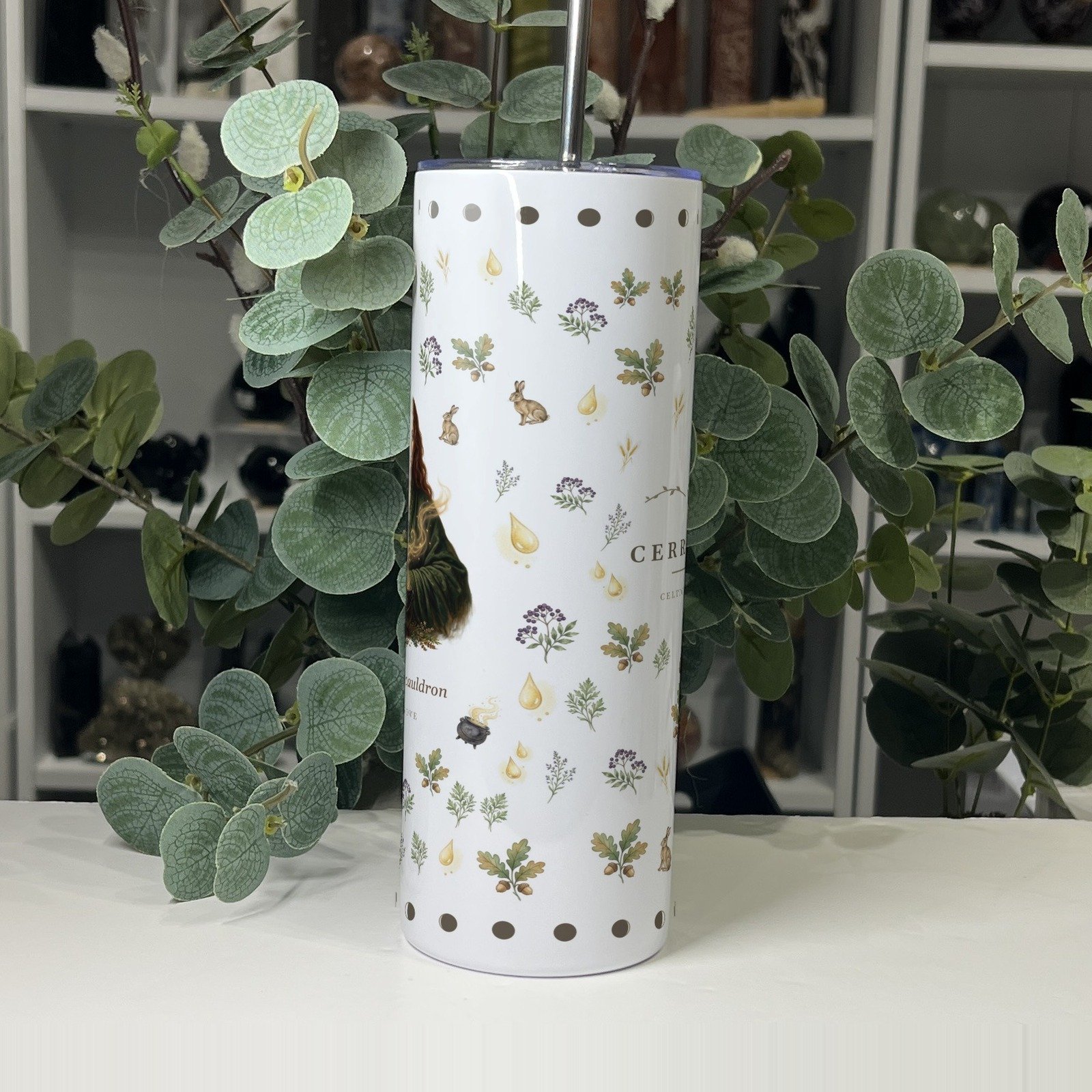 Cerridwen goddess tumbler 20oz, side view of the pattern