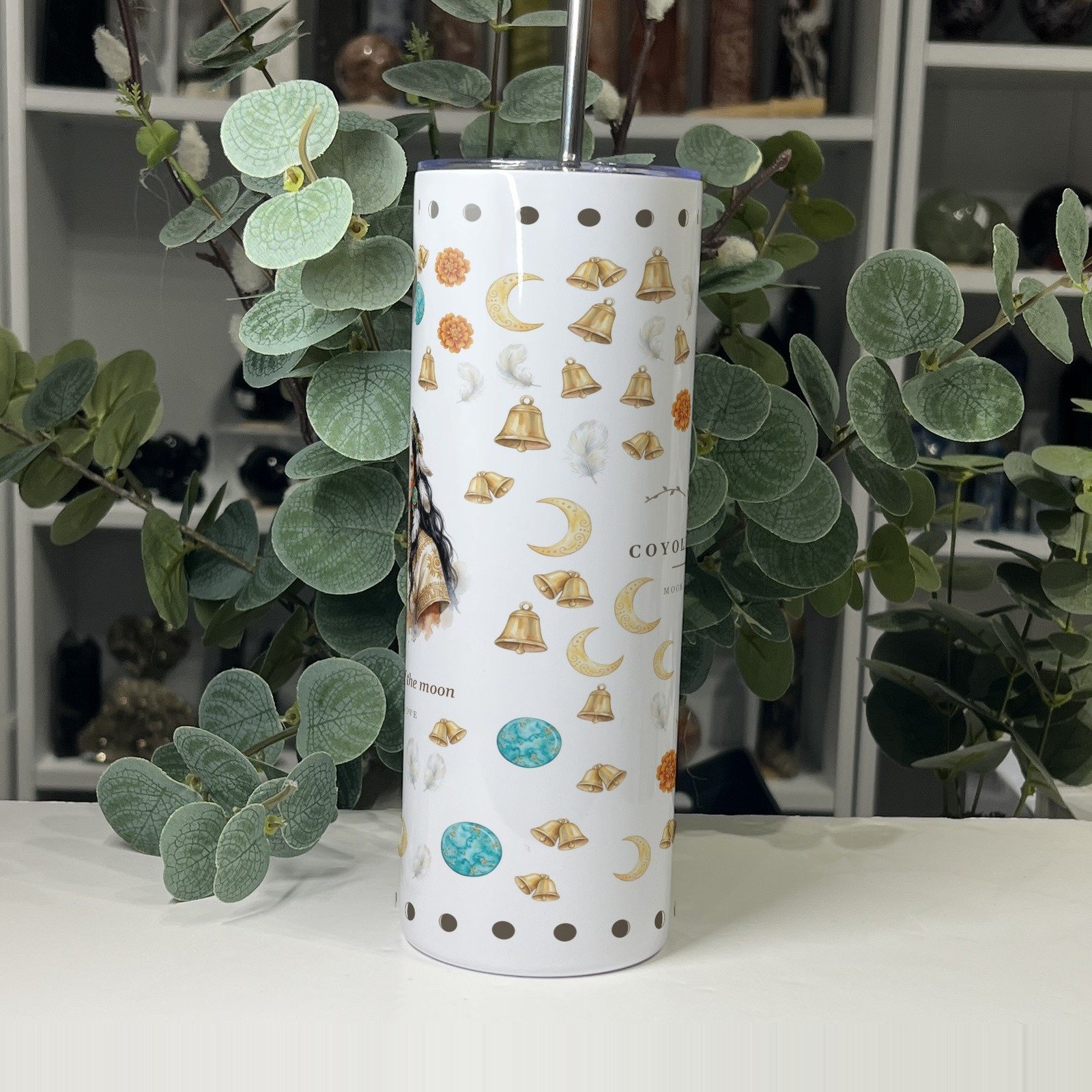 Coyolxauhqui goddess tumbler 20oz, side view of the pattern
