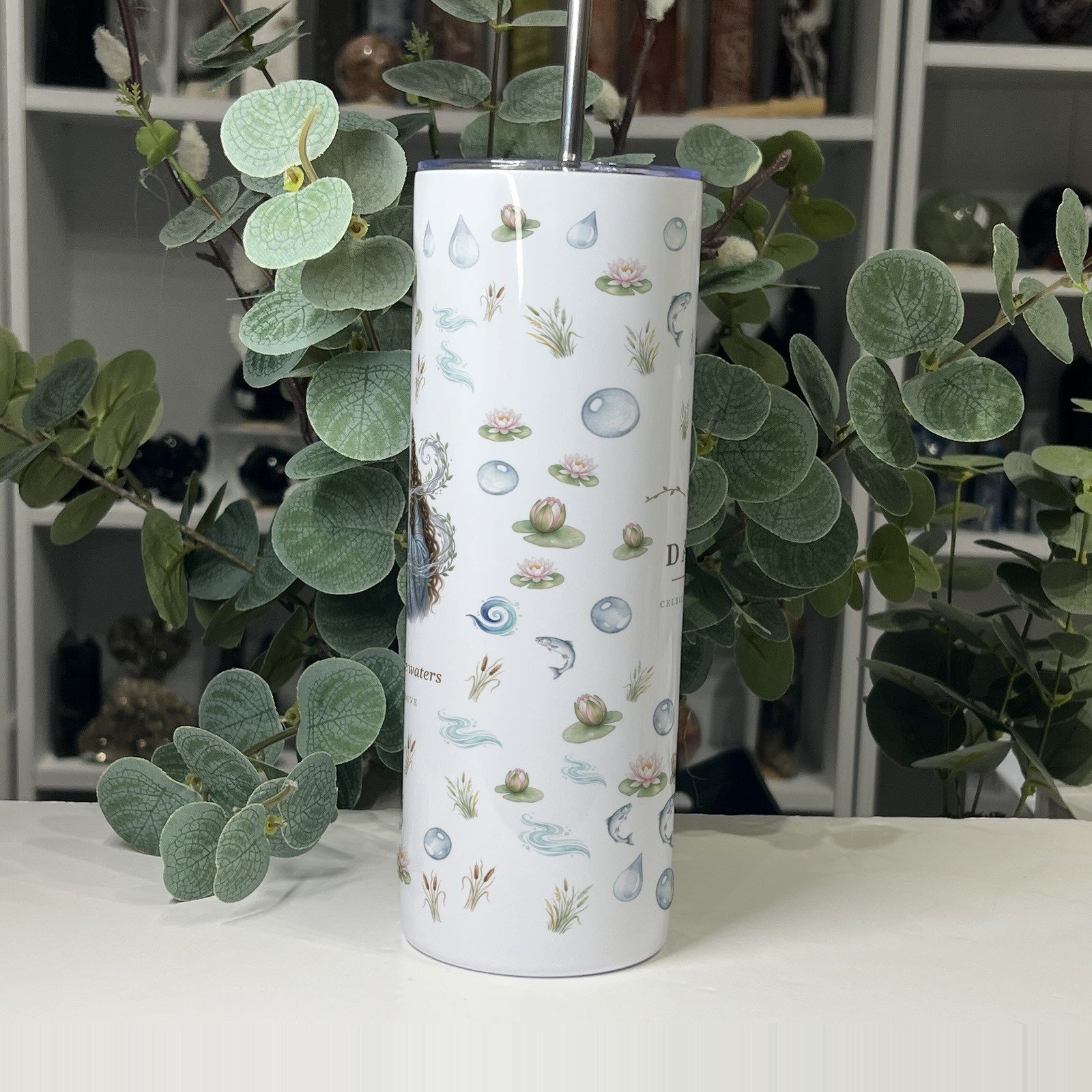 Danu goddess tumbler 20oz, side view of the pattern