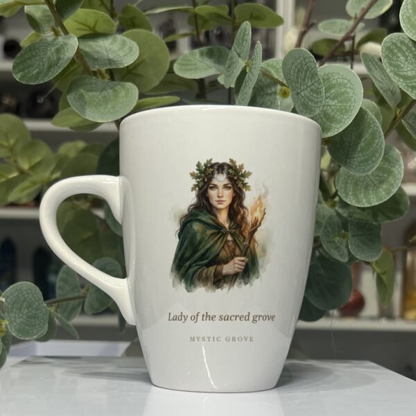 Diana goddess mug 13oz, picture side with her portrait and title, Mystic Grove