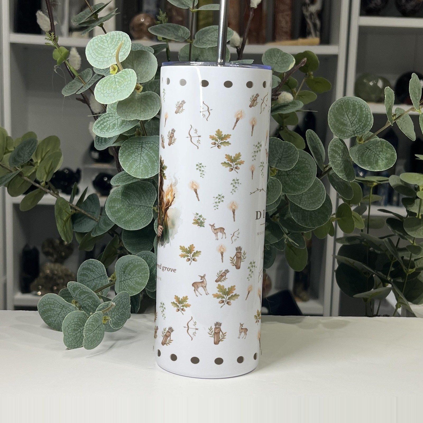 Diana goddess tumbler 20oz, side view of the pattern