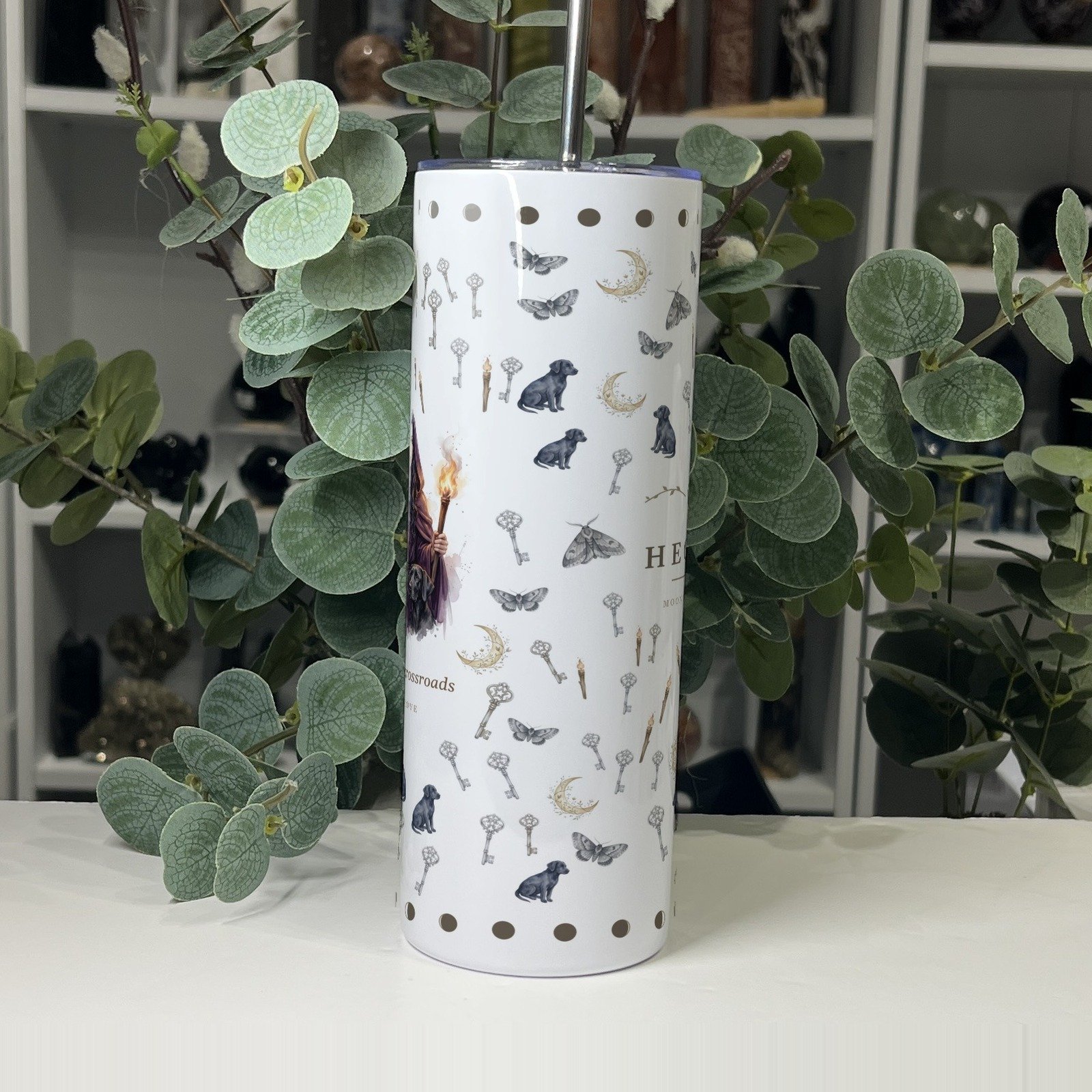 Hecate Goddess Tumbler, 20oz Skinny with Straw Hecate goddess tumbler 20oz, side view of the pattern