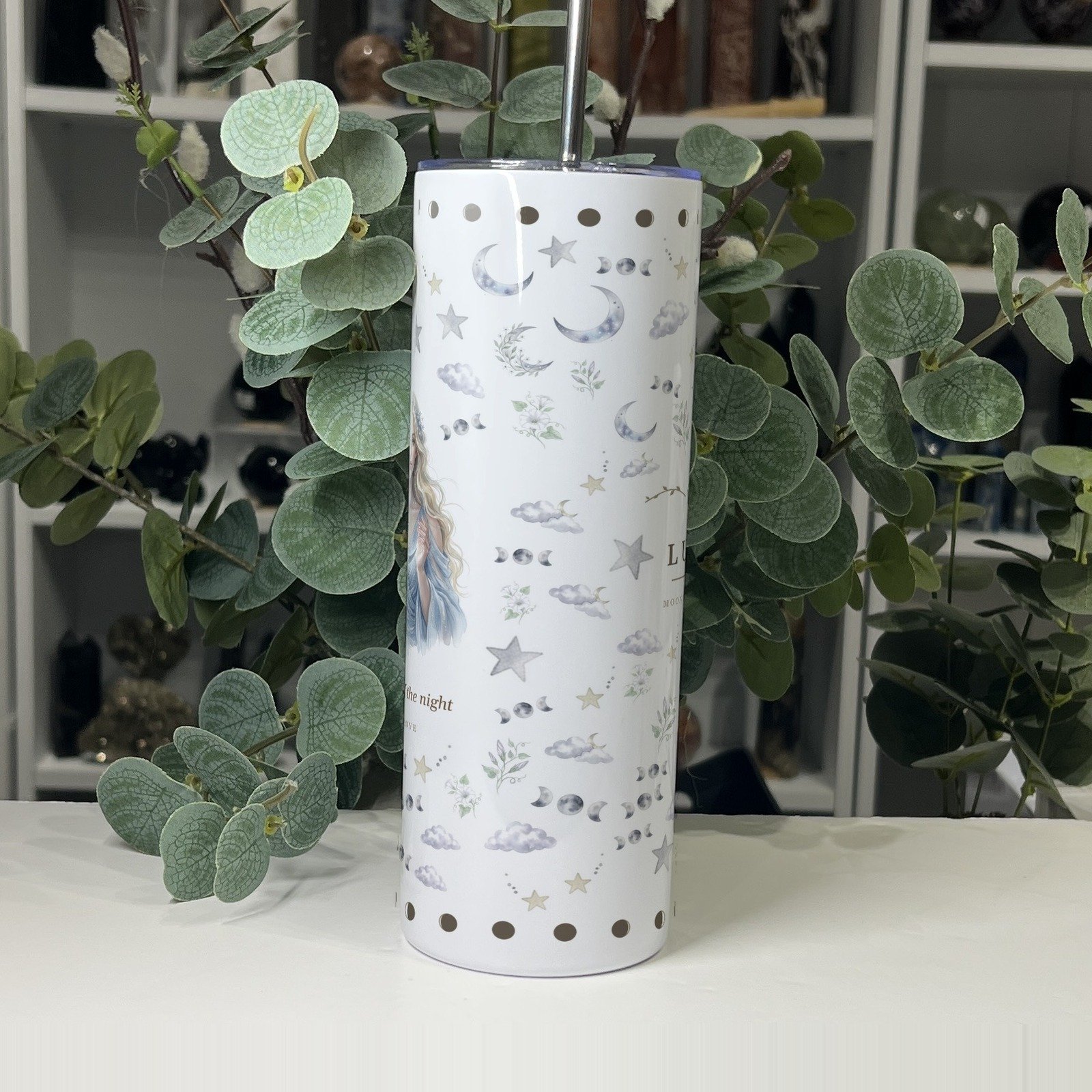 Luna goddess tumbler 20oz, side view of the pattern