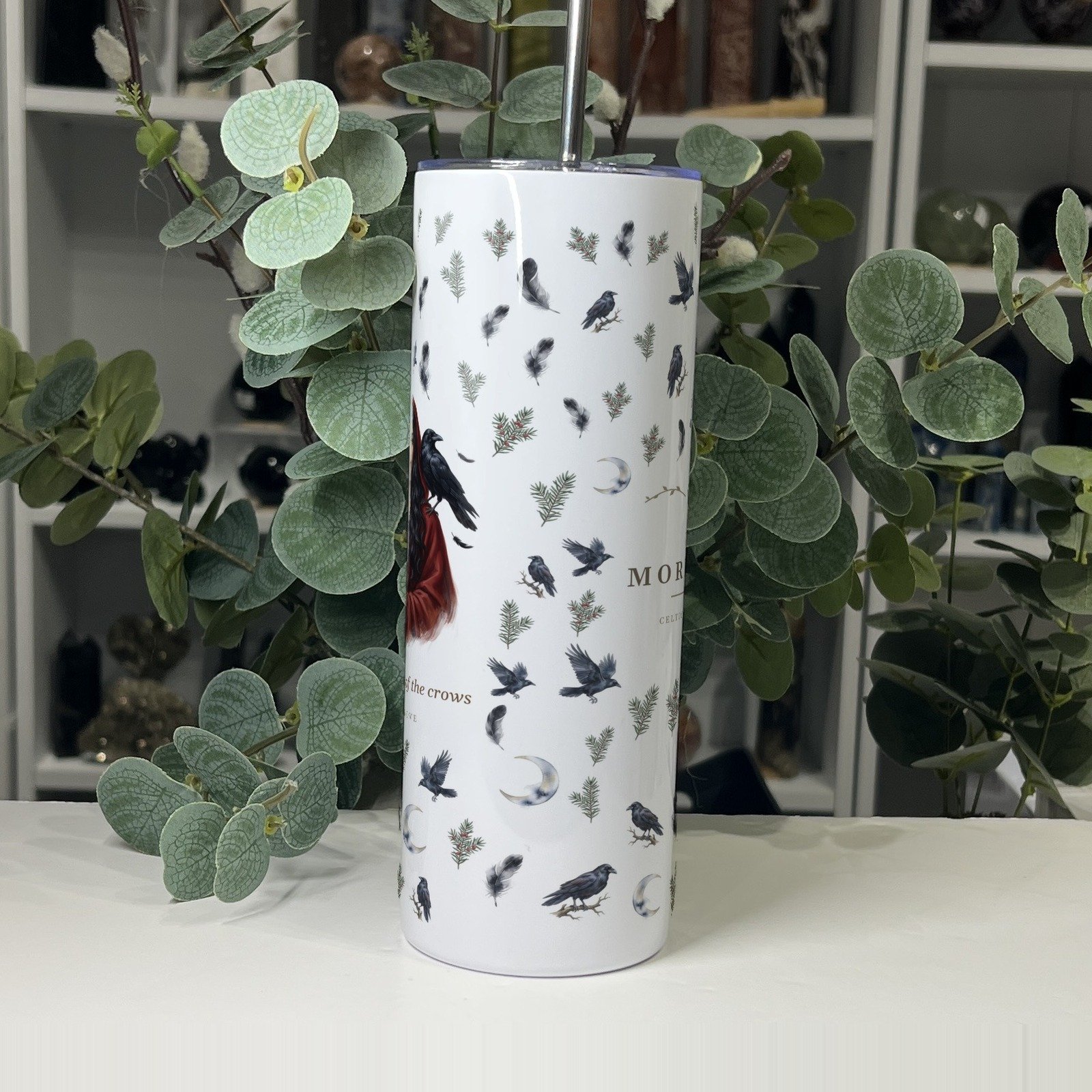 Morrigan goddess tumbler 20oz, side view of the pattern