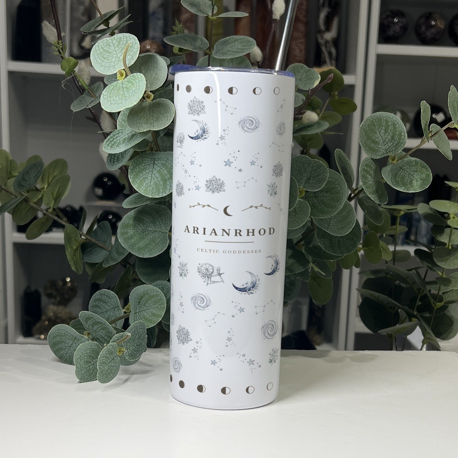 Arianrhod goddess tumbler 20oz, back with her name