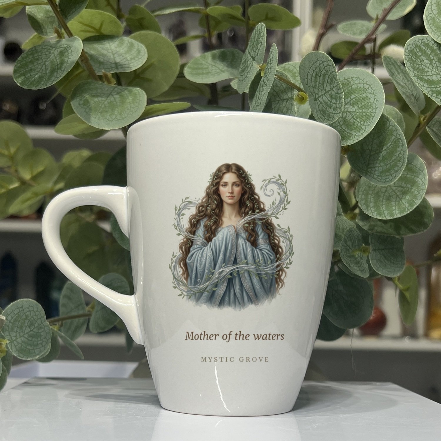 Danu goddess mug 13oz, picture side with her portrait and title, Mystic Grove