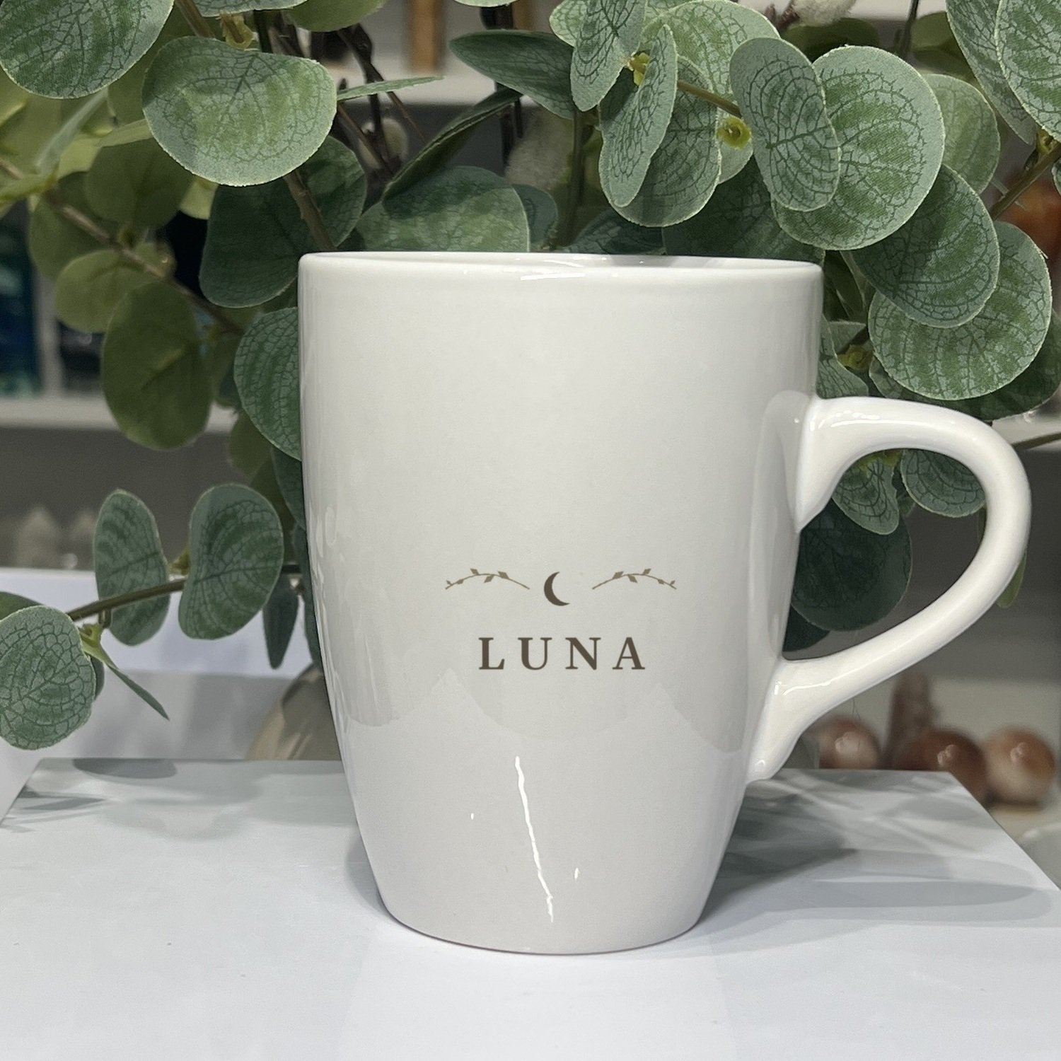 Luna goddess mug 13oz, name side with crescent moon and leaf sprigs
