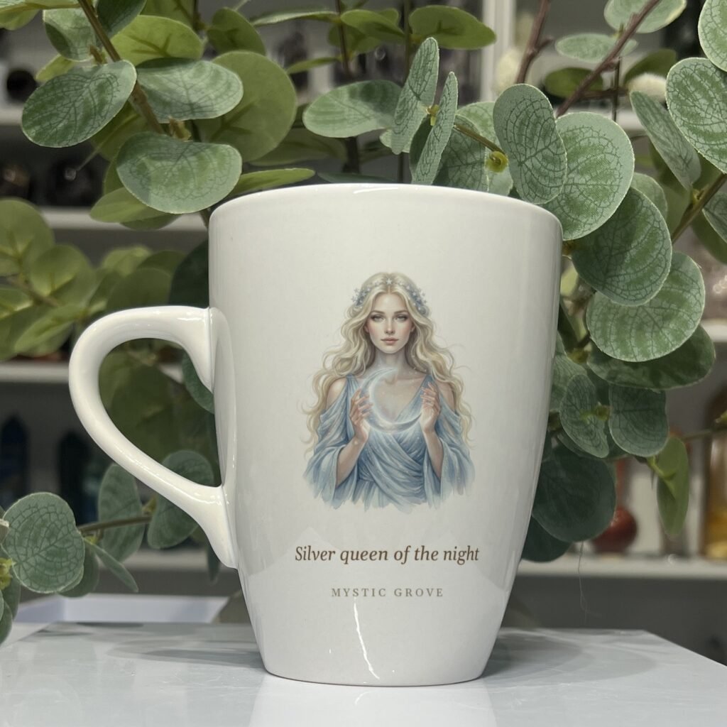 Luna goddess mug 13oz, picture side with her portrait and title, Mystic Grove