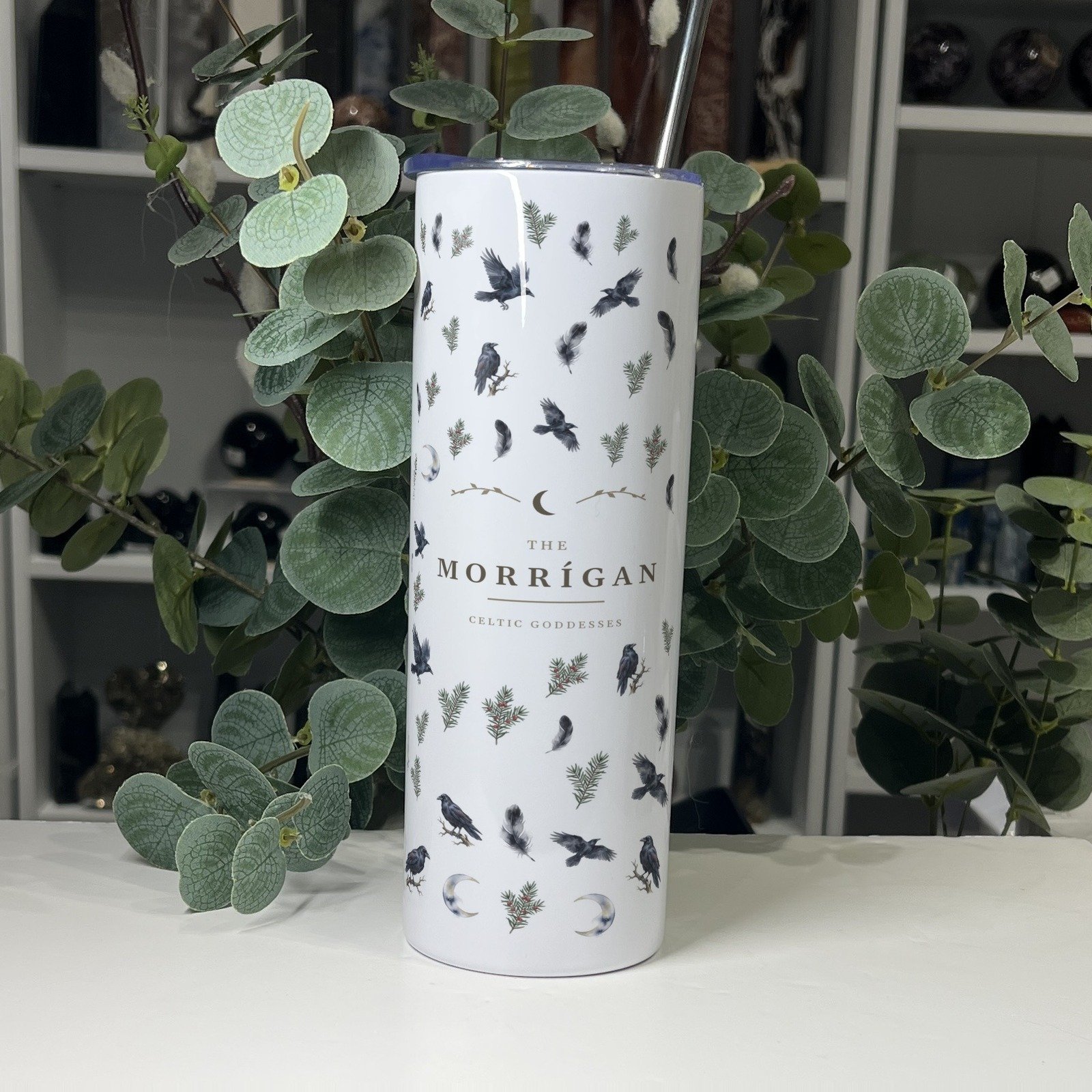 Morrigan goddess tumbler 20oz, back with her name