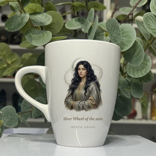 Arianrhod: Welsh Goddess of the Silver Wheel, the Moon and the Stars 7 Arianrhod goddess mug 13oz, picture side with her portrait and title, Mystic Grove